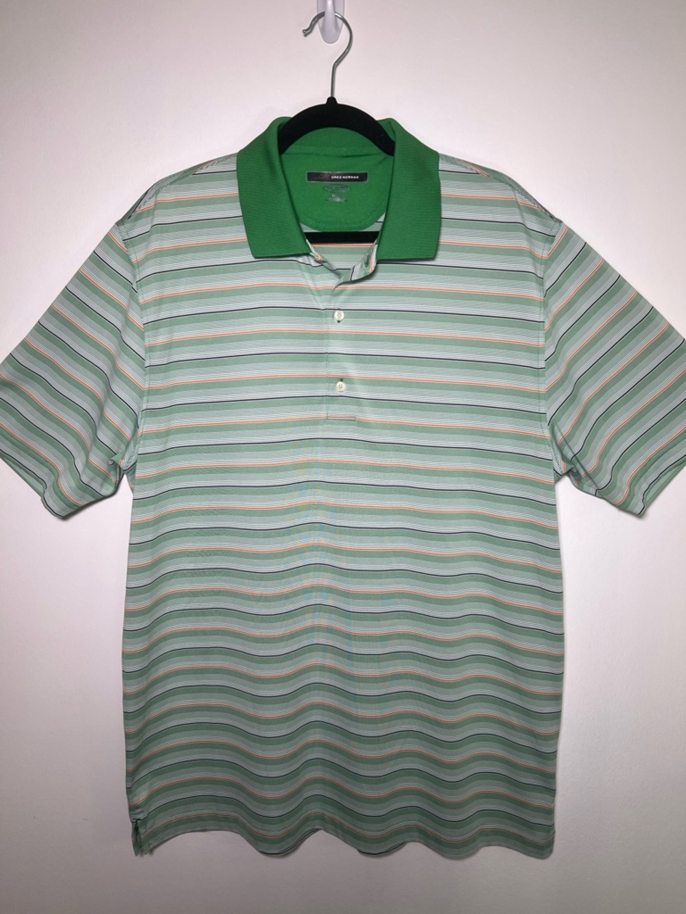 Greg Norman Collection Green Stripe Polo with Kelly Green Collar